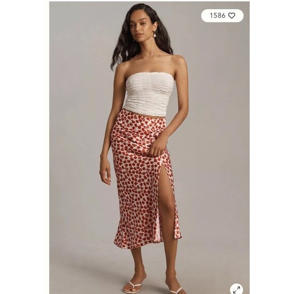 NWT Anthropologie The Mel Ruched Side-Slit Midi Satin Skirt Maeve Sz XL Red c - Picture 1 of 8